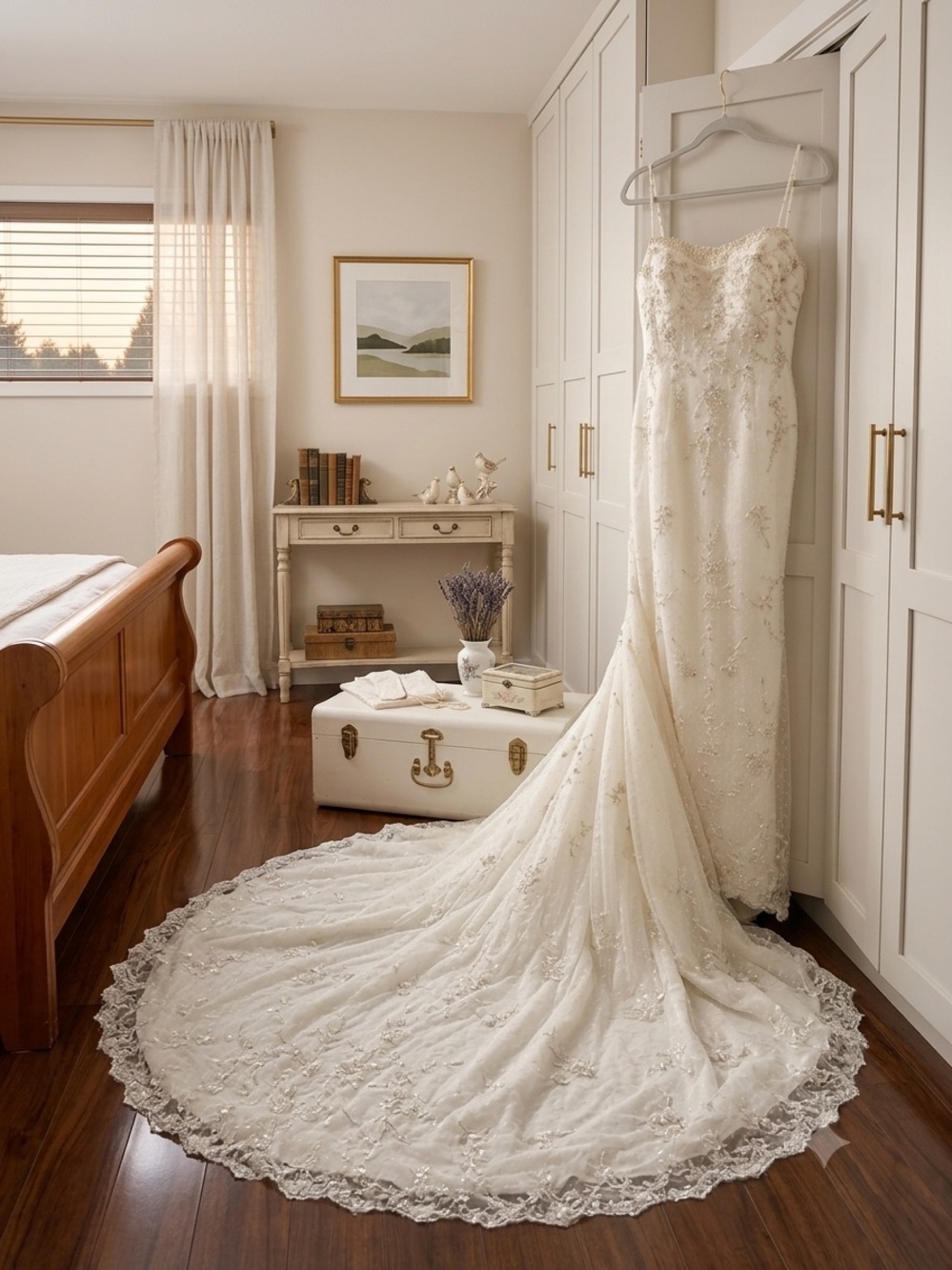 Y2K Preserved Elegant Ivory Lace Wedding Dress with Long Train